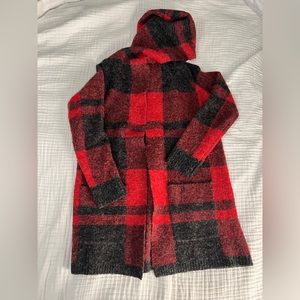 Red and black plaid hooded cardigan